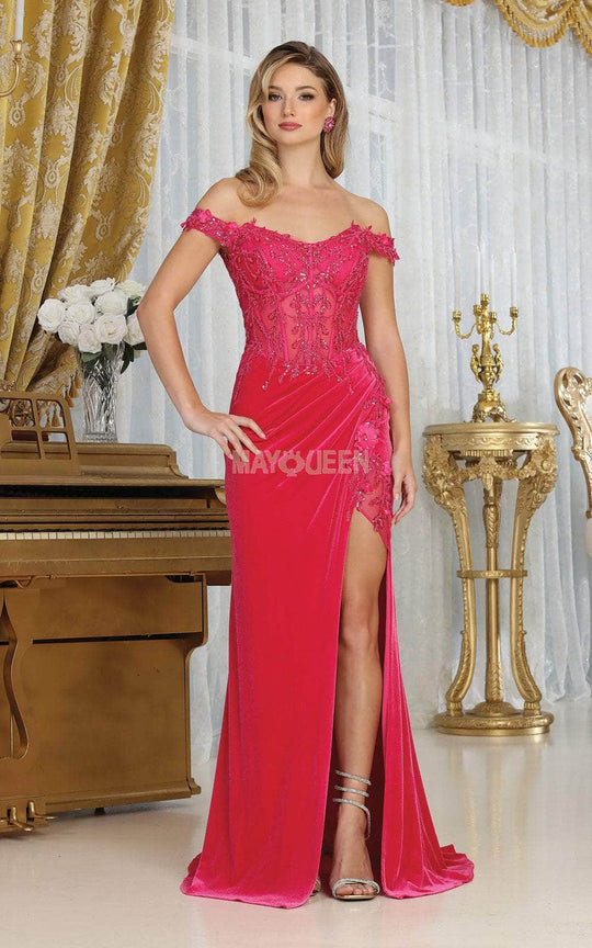 May Queen RQ8085 - Off Shoulder Velvet Prom Dress