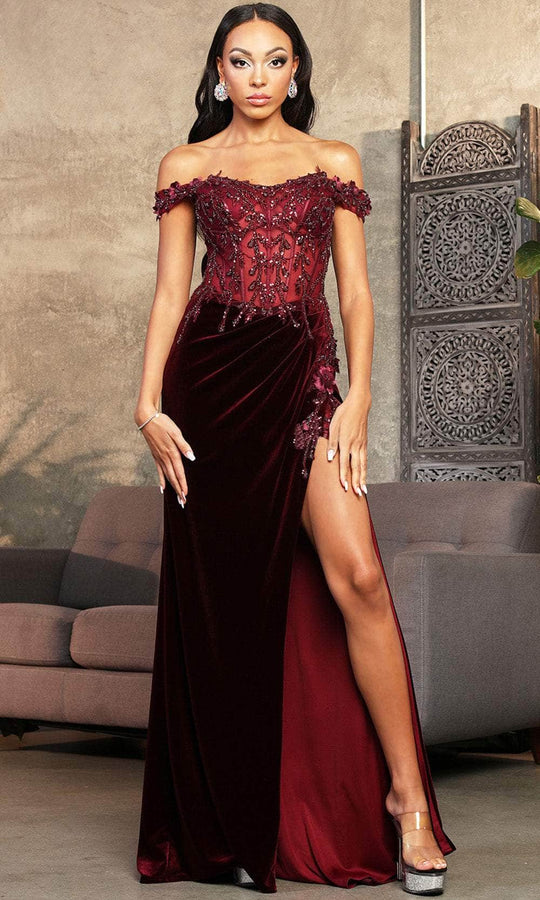 May Queen RQ8085 - Off Shoulder Velvet Prom Dress