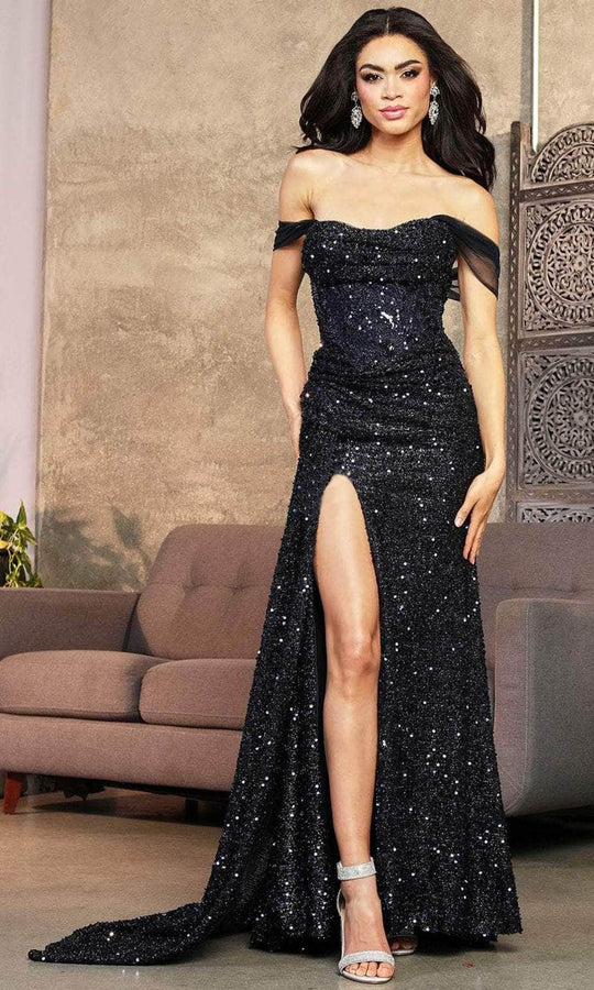 May Queen RQ8090 - Draped Sleeve Sequin Prom Gown