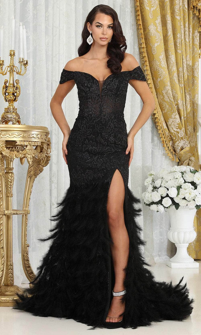 May Queen RQ8093 - Off Shoulder Feather Skirt Prom Gown Prom Dresses 4 / Black
