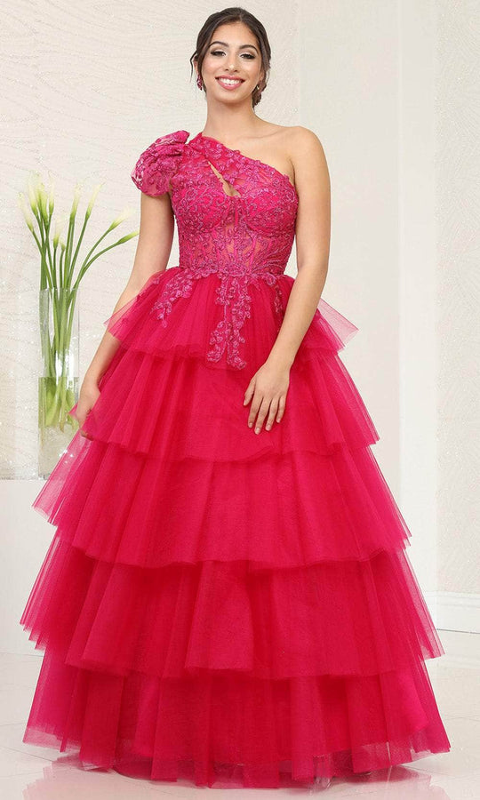 May Queen RQ8119 - Asymmetric Beaded Appliqued Ballgown