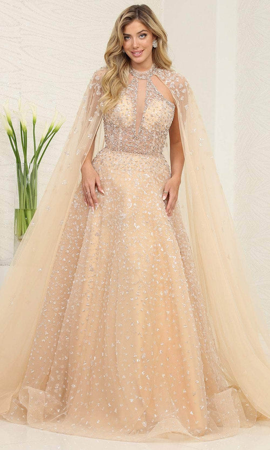 May Queen RQ8133 - Cape High Neck Evening Dress