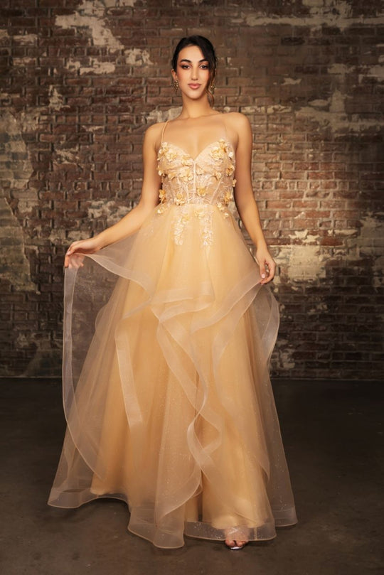 May Queen RQ8158 - 3D Floral Applique Layered Prom Gown