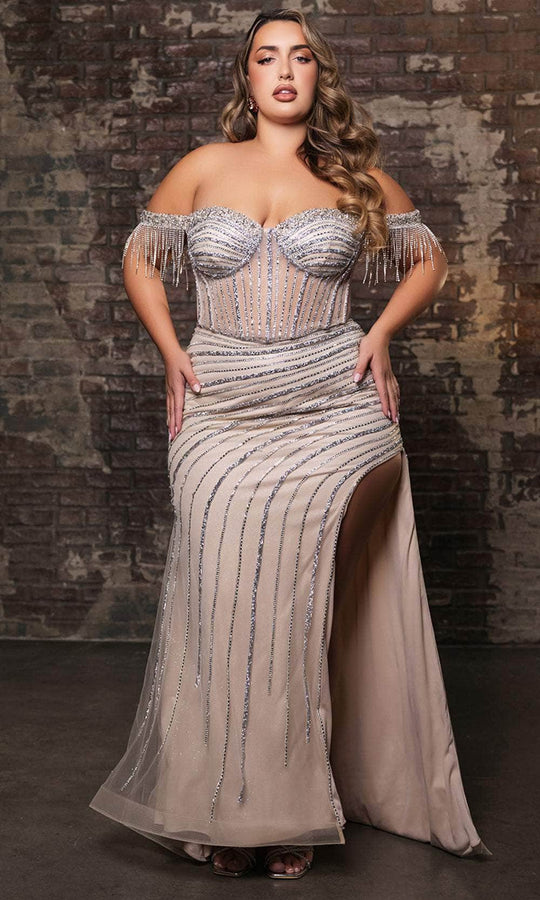 May Queen RQ8162 - Rhinestone-Embellished Off-Shoulder Prom Gown