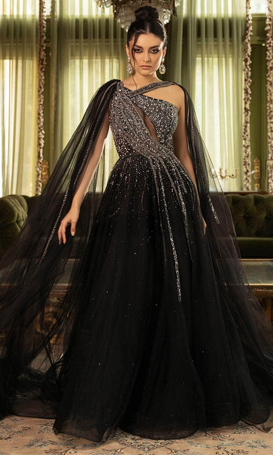 May Queen RQ8188 - Cape Sleeve Asymmetrical Neckline Prom Gown
