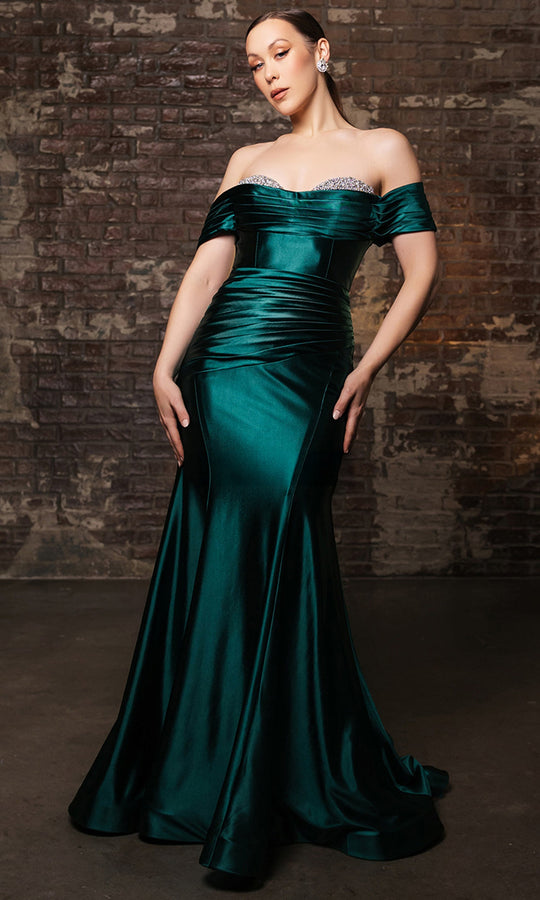 May Queen RQ8189B - Short Sleeve Draped Satin Gown