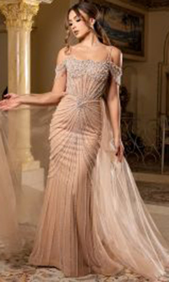 May Queen RQ8277 - Beaded Cold Shoulder Evening Dress