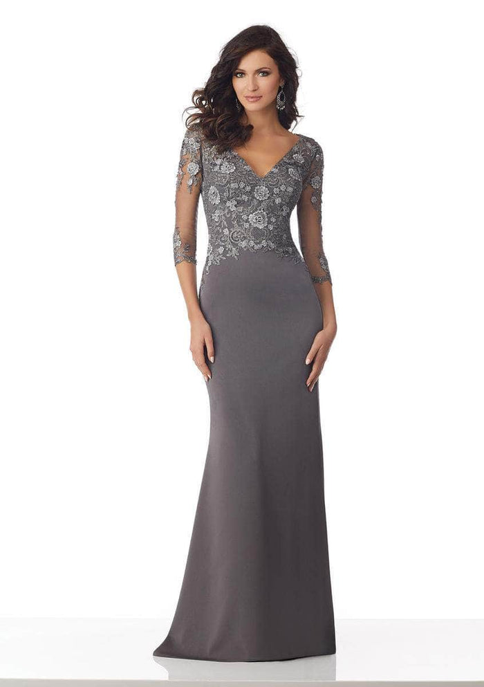 MGNY by Mori Lee 71819SC - Quarter Sleeve Embroidered Long Dress Special Occasion Dress 13/14 / Charcoal