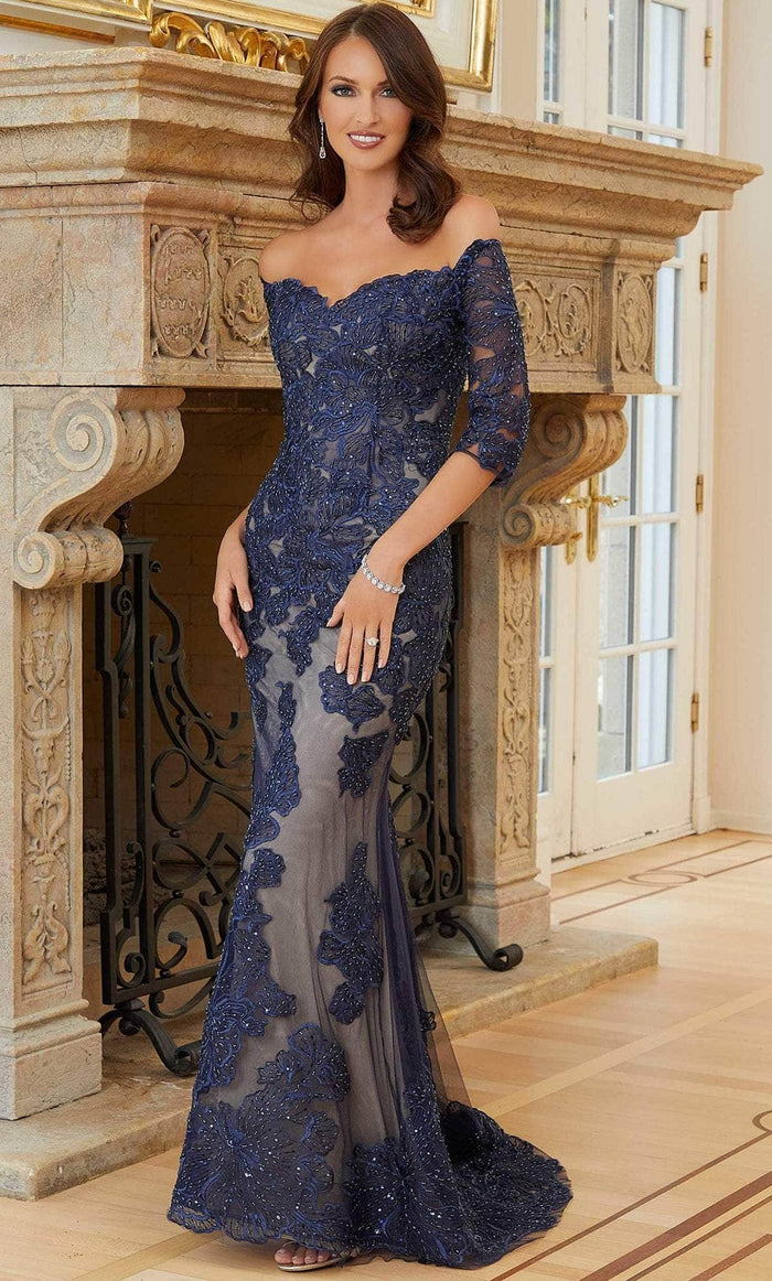 MGNY By Mori Lee 72726SC - Floral Lace Sweetheart Evening Gown Evening Dresses 14 / Navy/Nude