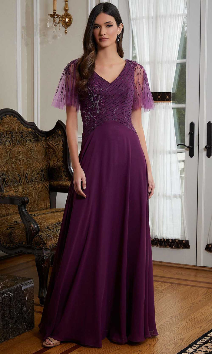 MGNY by Mori Lee 72819 - Flutter Sleeve Chiffon Evening Gown Special Occasion Dress 00 / Mulberry