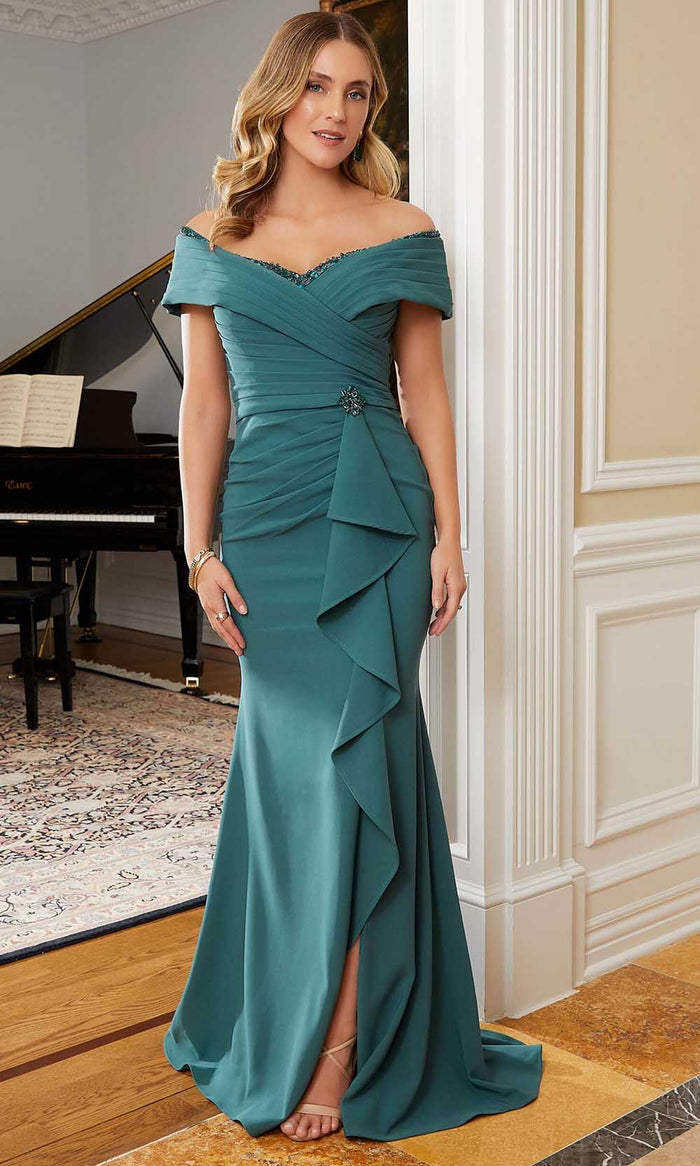 MGNY By Mori Lee 72827SC - Off-Shoulder Fold-Over Detailed Evening Gown Mother of the Bride Dresses 22 / Teal