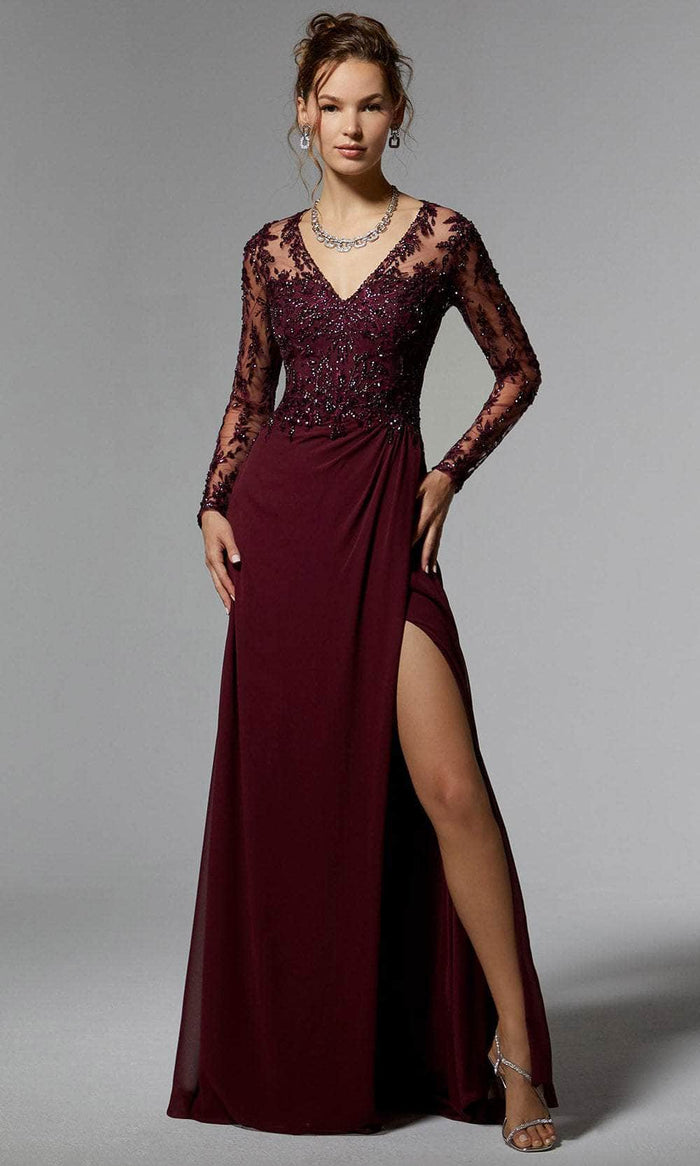 MGNY by Mori Lee 72906 - Embroidered Long Sleeve Evening Dress Evening Dresses 00 / Bordeaux