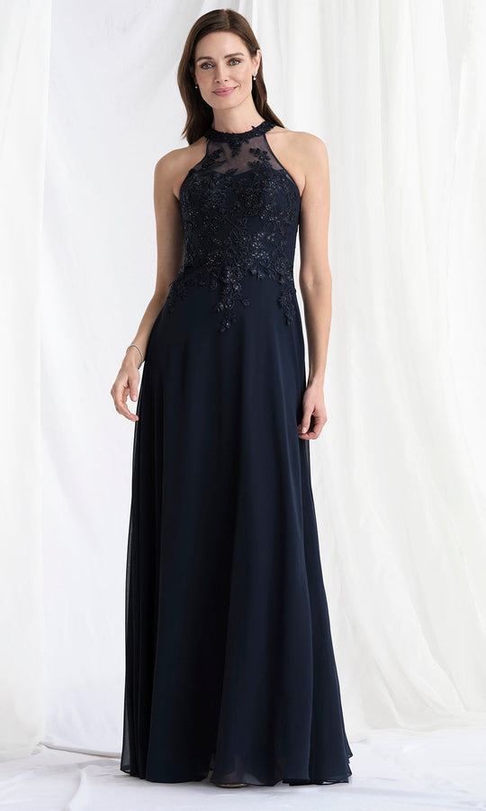 MGNY By Mori Lee 73177 - Illusion Halter Embroidered Long Gown
