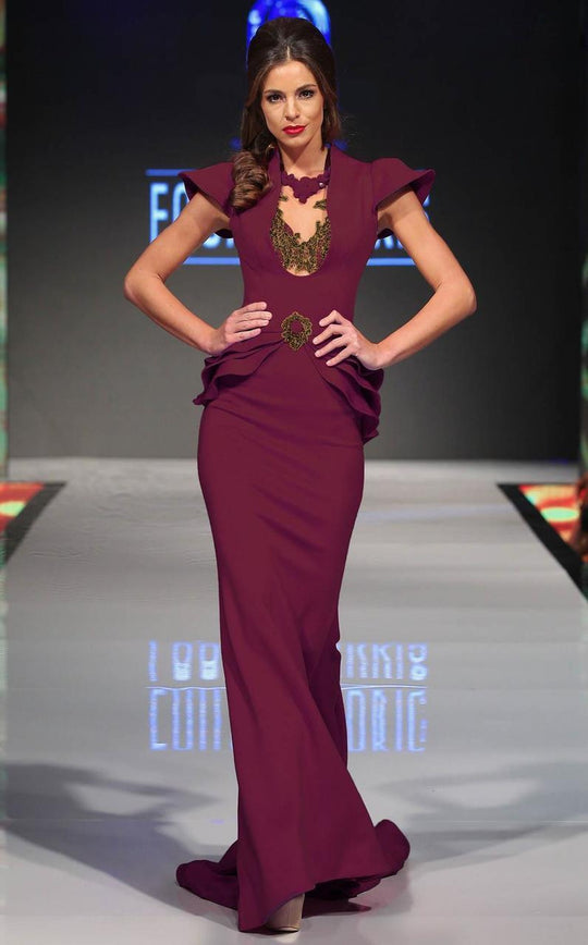 MNM Couture - 2295 Bell Cap Sleeve Peplum Sheath Gown