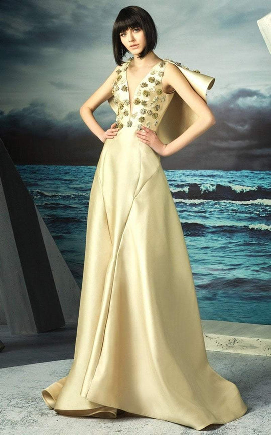 MNM Couture - G0825 Illusion Plunging Gown with Ruffled Cape