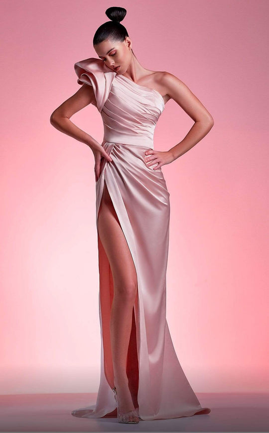 MNM Couture - G1217 Rosette Cap Sleeve High Slit Mermaid Gown
