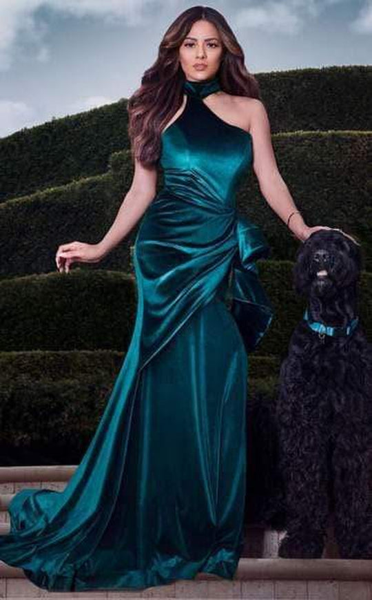 MNM Couture - L0038 Asymmetrical Choker-Style Wrap Velvet Gown