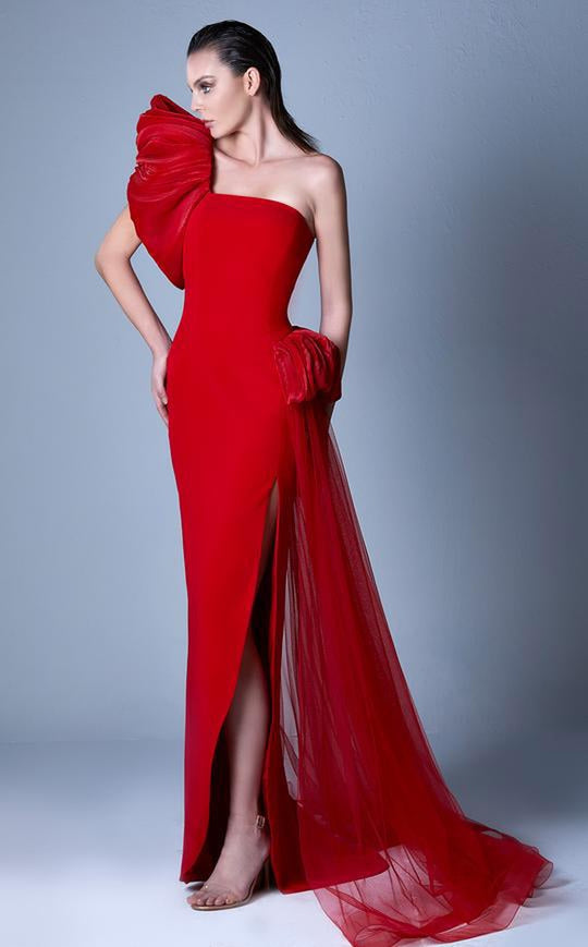 MNM Couture- G1096 Asymmetric Neck Fitted Dress With Draping