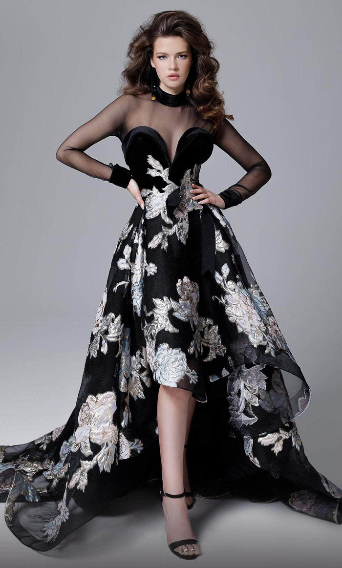MNM Couture 2715 - High Low Sheer Floral Gown Evening Dresses 4 / Black