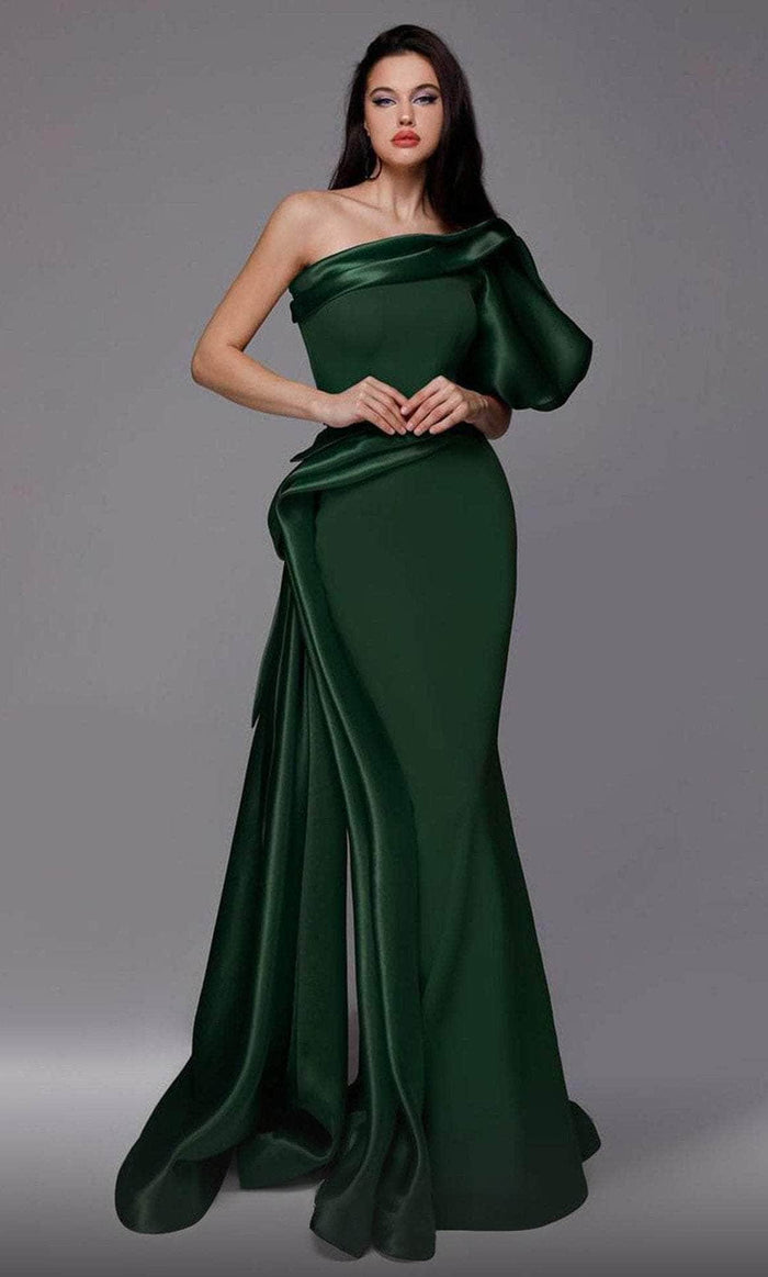 MNM COUTURE 2722 - Puffed Sleeve Asymmetric Evening Gown Special Occasion Dress 4 / Green