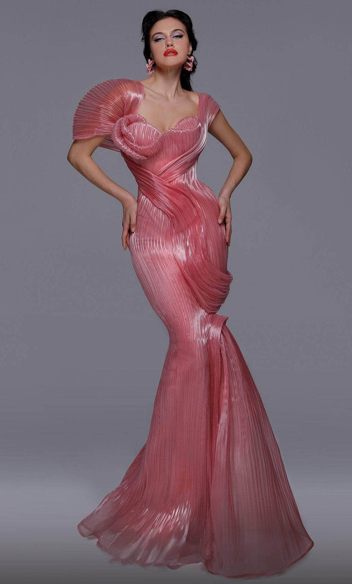 MNM COUTURE 2733 - Non-Symmetric Chiseled Long Gown Evening Dresses 4 / Pink