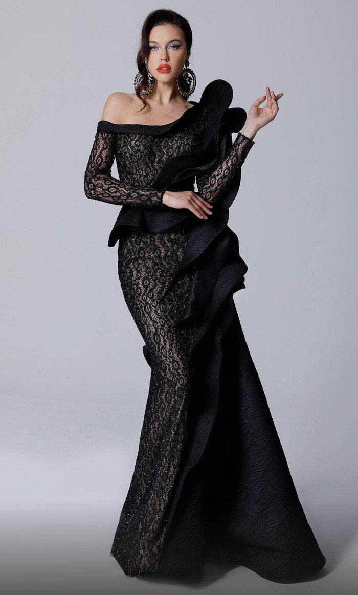 MNM Couture 2735 - Asymmetric Beaded Lace Evening Gown Evening Dresses 4 / Black