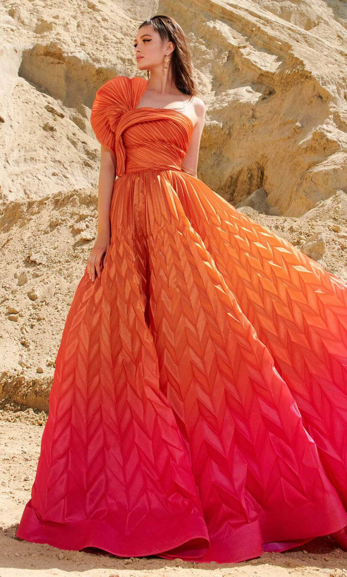 MNM Couture 2746 - Pleated Asymmetric Neck Ballgown Ball Gowns 4 / Fuchsia/Orange