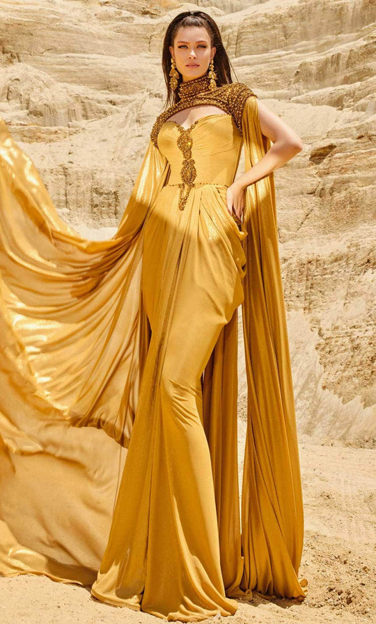 MNM COUTURE 2759 - High Neck Evening Gown With Cape