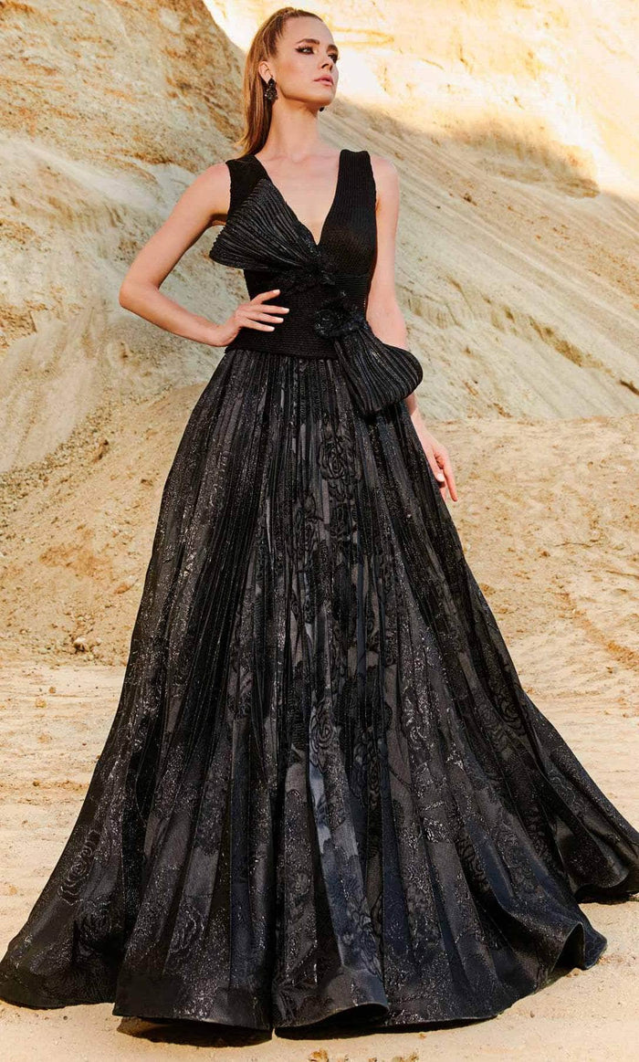 MNM COUTURE 2780 - Pleated Floral A-line Gown Evening Dresses 4 / Black
