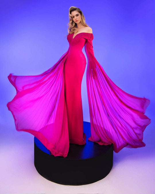 MNM Couture 2793 - Off Shoulder Split Cape Gown