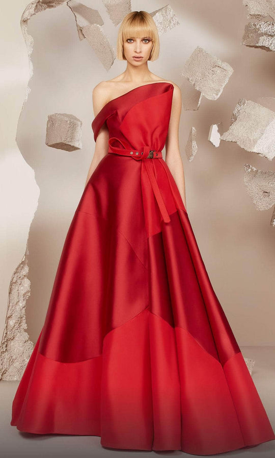 MNM Couture E0014 - Pleated Asymmetric Neck Evening Gown