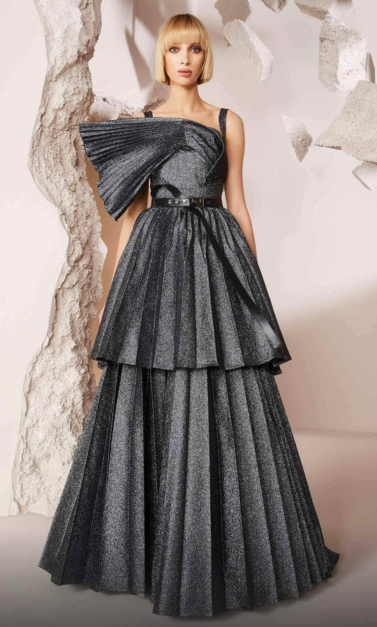 MNM Couture E0017 - Asymmetric Metallic Pleated Evening Gown
