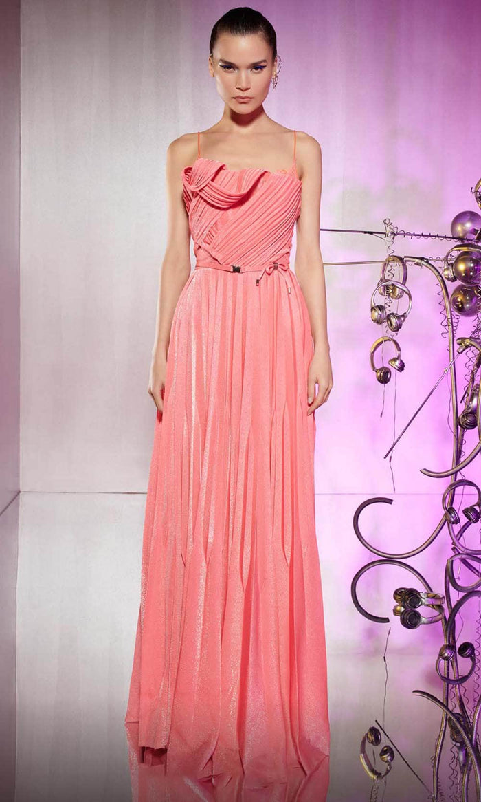 MNM Couture E0045 - Pleated A-Line Long Dress Evening Dresses 4 / Pink