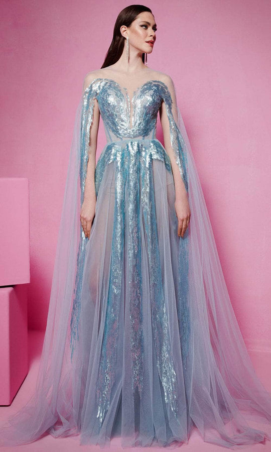 MNM Couture E0070 - Embellished A-Line Gown with Cape Sleeves