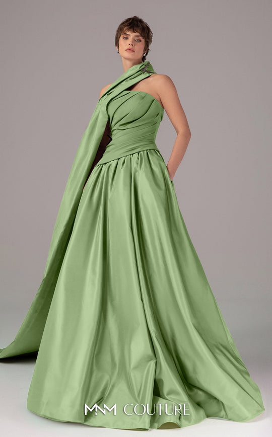 MNM COUTURE E0089 - Draped Panel Asymmetric Neck A-Line Gown