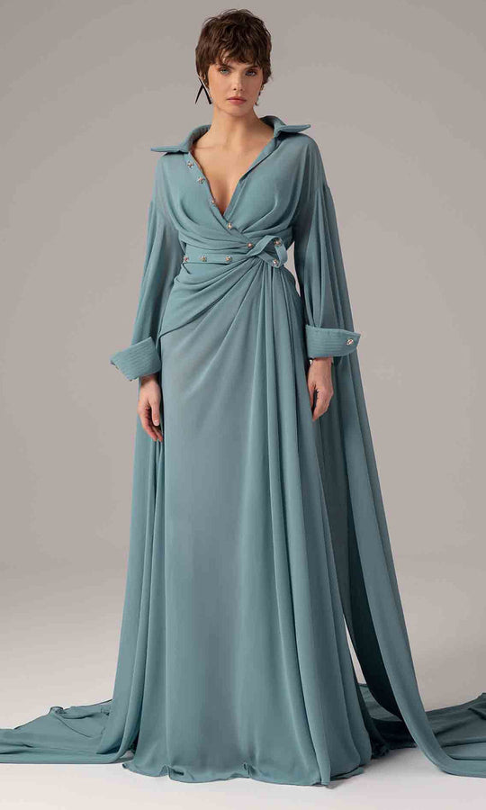 MNM Couture E0093 - Draped Collar V-Neckline Gown with Brooch