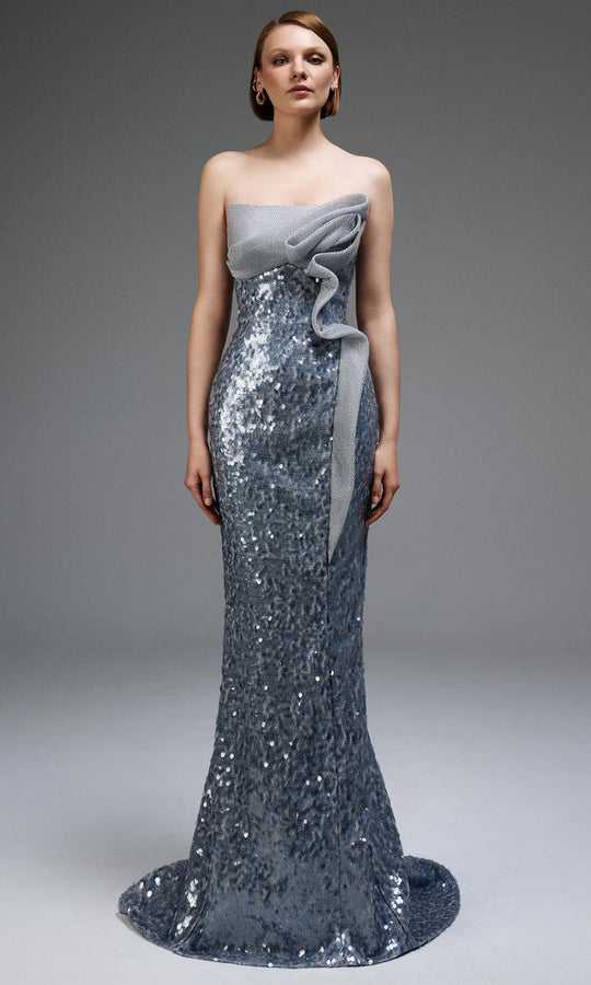 MNM COUTURE E0105 - Embellished Straight Neck Sheath Gown