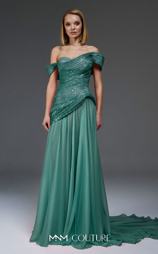 MNM COUTURE E0113 - Sequin Ornate Asymmetric Sweetheart Gown