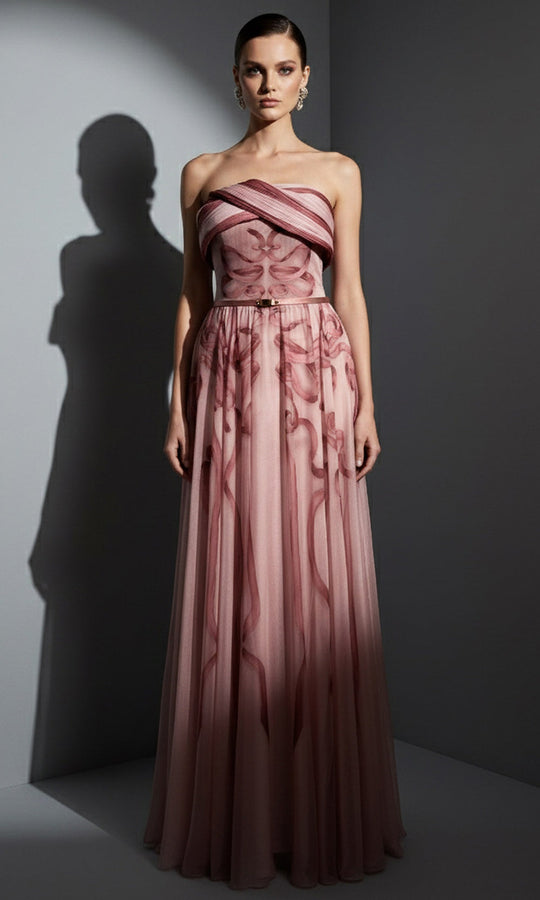 MNM COUTURE E0129 - Printed Silk Straight Neckline Long Dress
