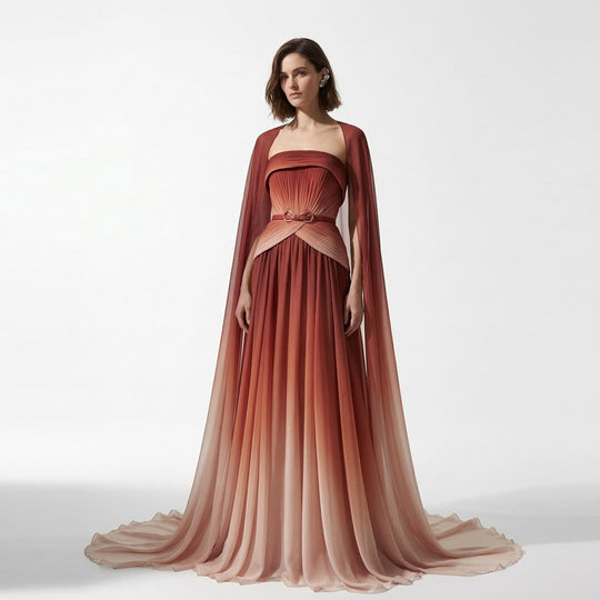 MNM COUTURE E0153 - Pleated Bodice A-Line Evening Gown with Belt