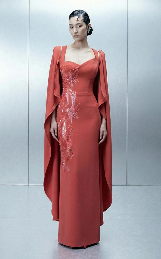 MNM COUTURE E0164 - Asymmetrical Neck Back Slit Column Evening Dress
