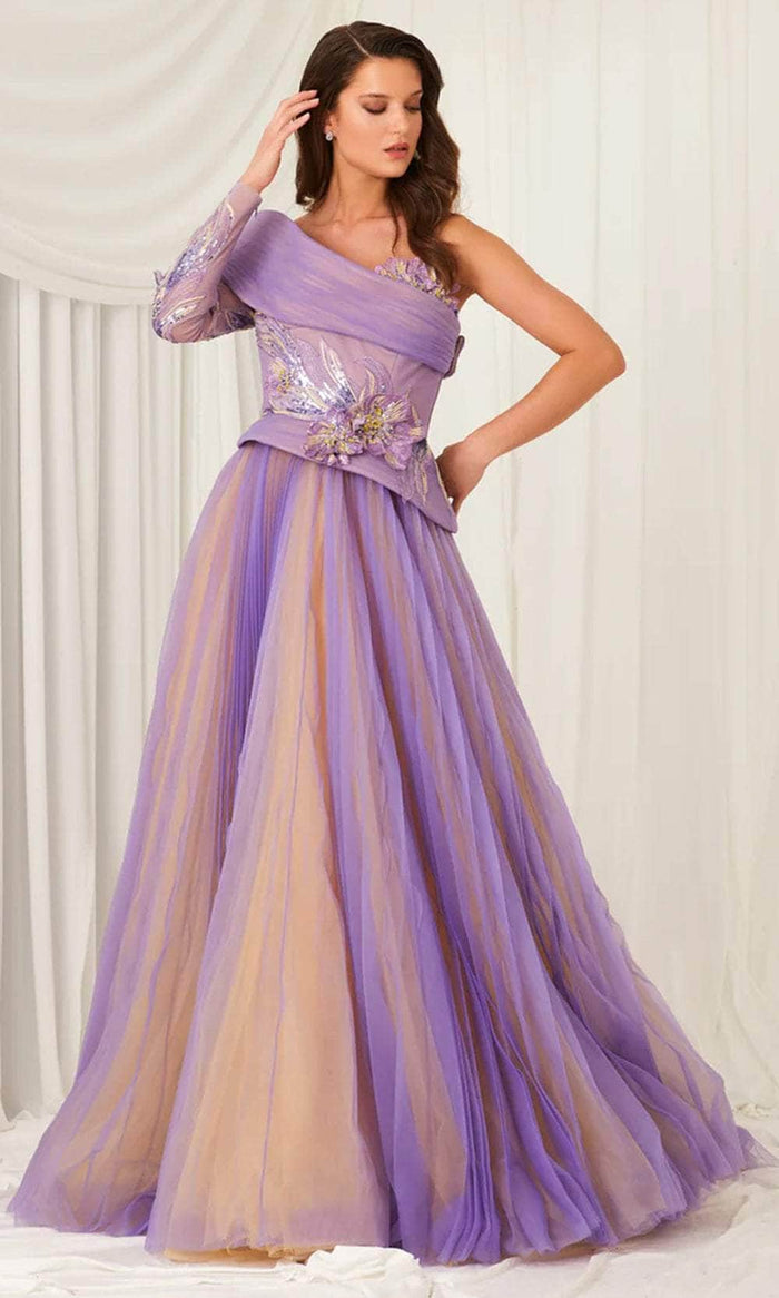 MNM Couture F02807 - Asymmetric Off-Shoulder A-Line Gown Prom Dresses 4 / Lilac