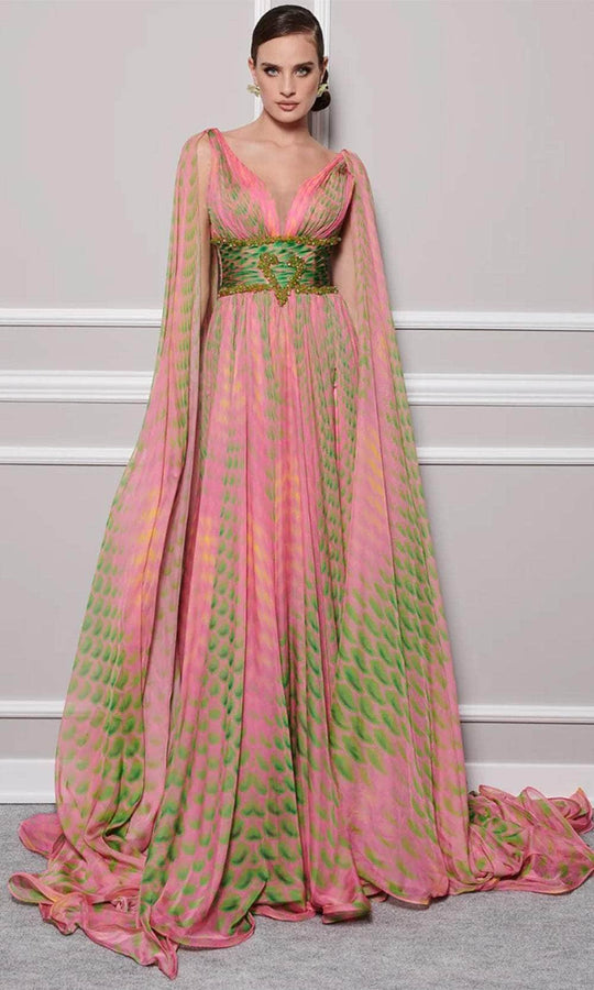 MNM Couture F02828 - Cape Sleeve Printed Evening Gown