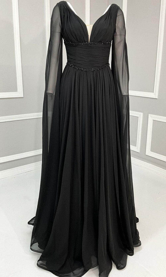 MNM Couture F02828A - Cape Sleeve Ruched V-Neck Gown