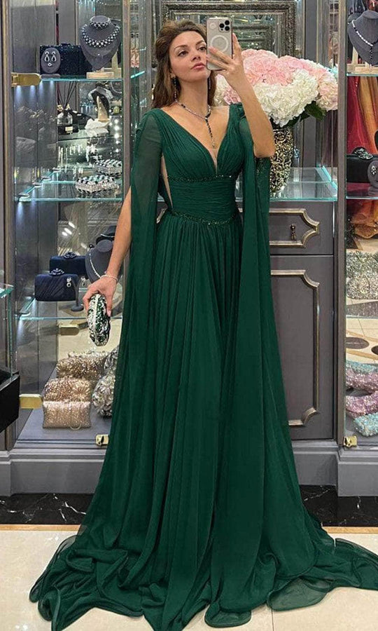 MNM Couture F02828A - Cape Sleeve Ruched V-Neck Gown