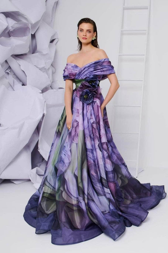 MNM Couture F02855 - Off Shoulder Digital Print Evening Gown