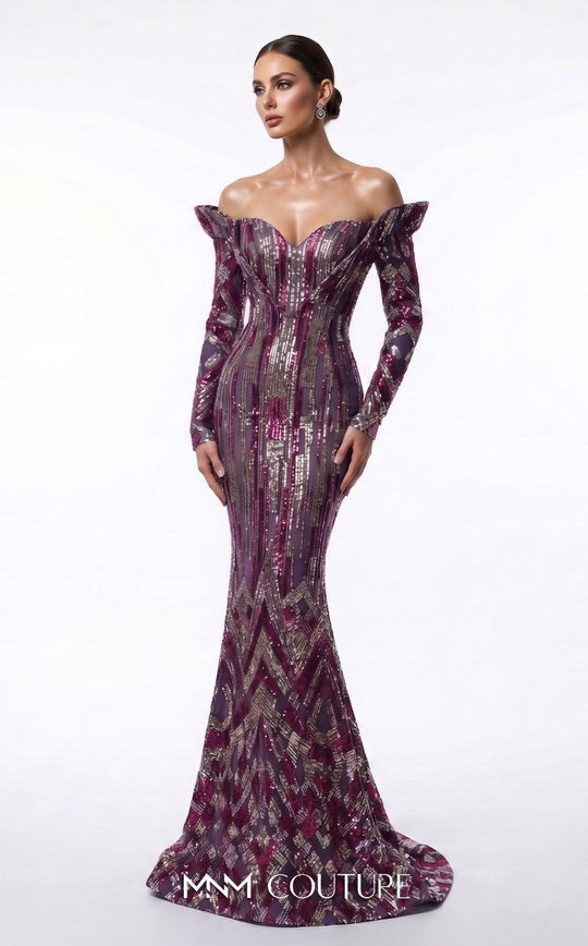 MNM COUTURE F02900A - Geometric Sequin Long Sleeve Evening Dress