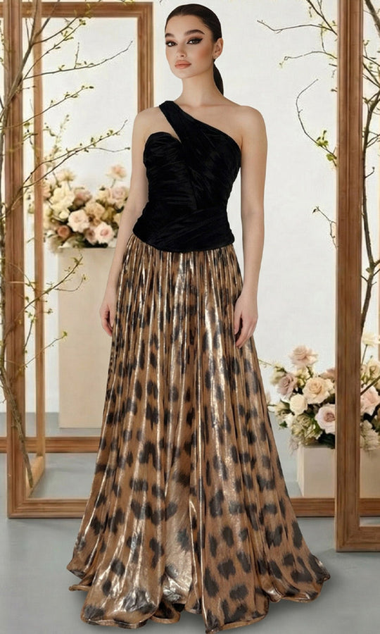 MNM COUTURE F02953A - Animal Print One Shoulder Evening Dress