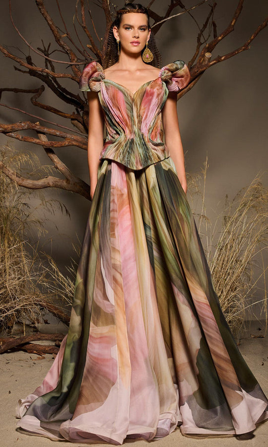 MNM COUTURE F02981 - Cap Sleeve Printed Chiffon Evening Gown