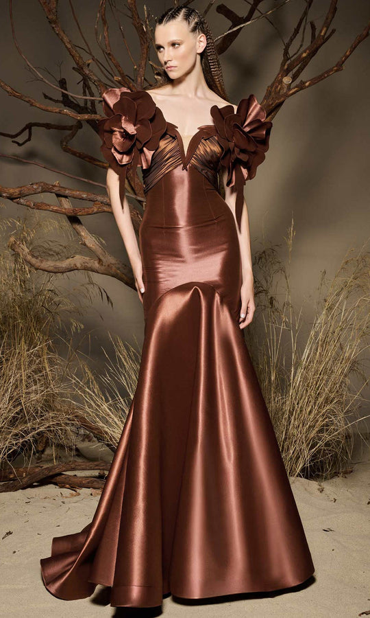 MNM COUTURE F02993 - Floral Shoulder Trumpet Evening Gown
